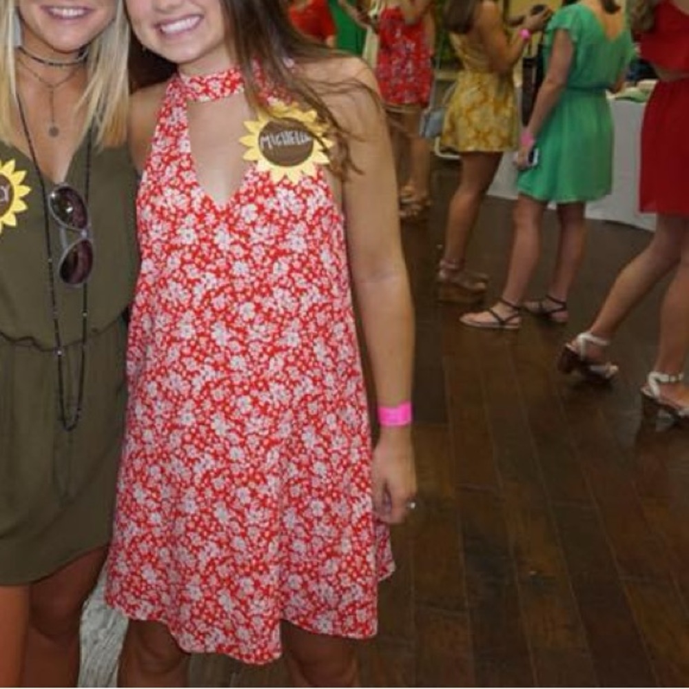 Red and white floral dress